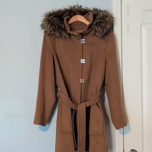 Calvin Klein Camel Wool Blend Hooded Toggle Coat - Size L (Removable Hood)